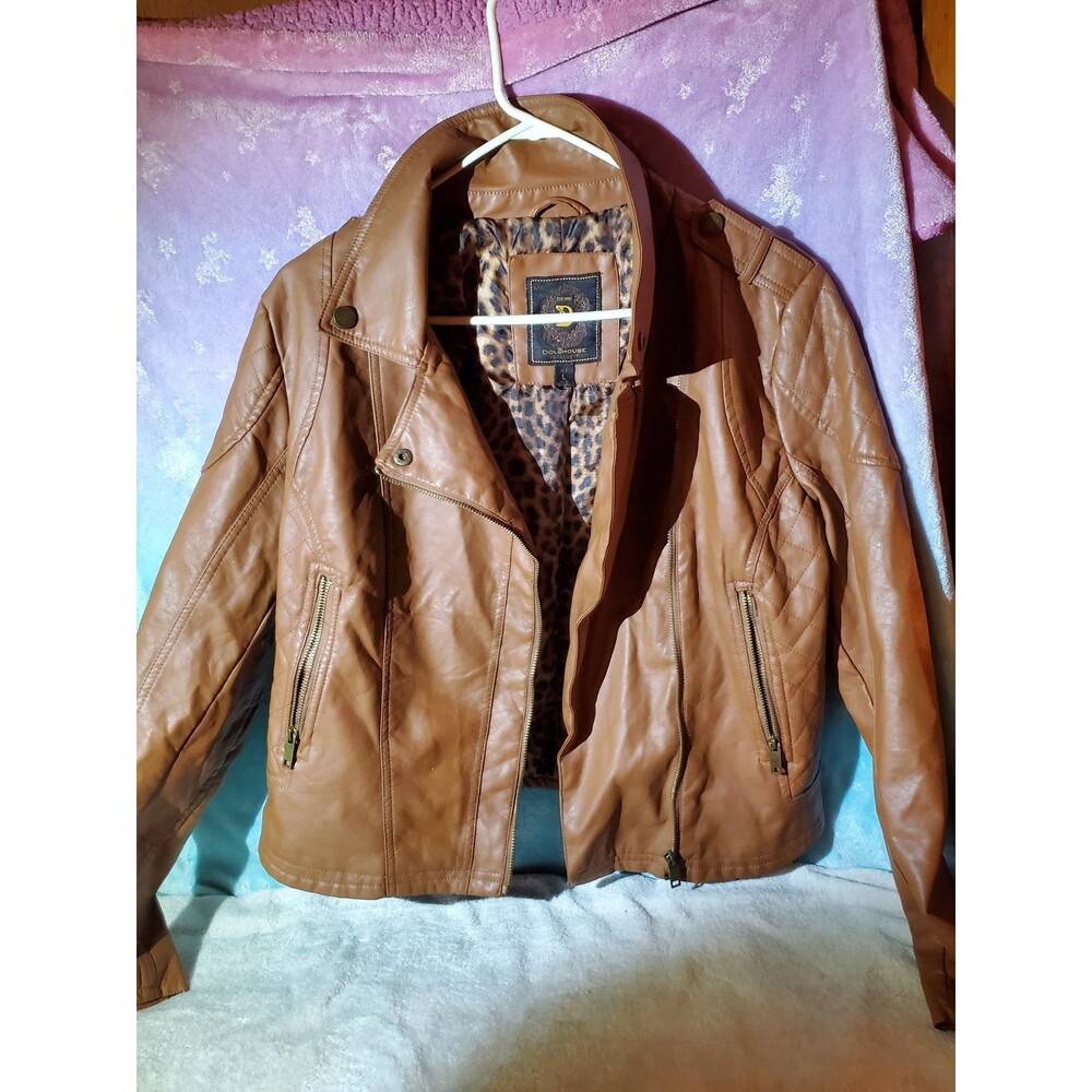 Large Dollhouse Outerwear Moto Style Brown Faux Leather Jacket